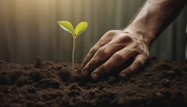 A man's hand is planting seedlings in the soil, eolog concet.