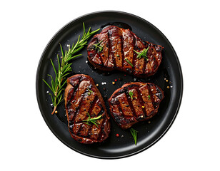 Three grilled steaks garnished with rosemary and spices on a black plate