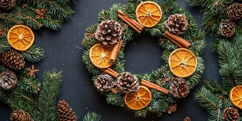 A festive Christmas wreath with pine cones, dried orange slices, and cinnamon sticks arranged in a circular pattern on a dark background.