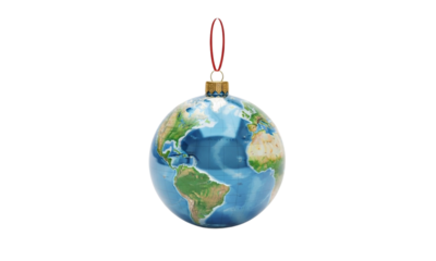 Earth globe christmas ornament isolated on transparent background, representing global holiday season
