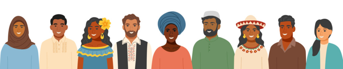Fototapeta premium Portraits of men and women of different ethnicities in traditional clothing. Concept of equality, cultural diversity, friendship, inclusion. Vector template in a flat style.