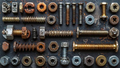 Assorted Rusty Bolts Nuts and Washers on Dark Background Flat Lay Style Still Life Full Frame Shot