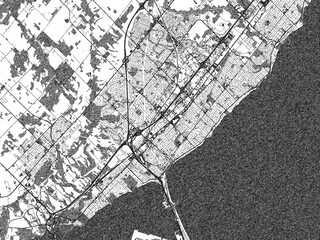 Fototapeta premium Illustrated city map of Burlington, Ontario, in black and white, showing roads and textures.
