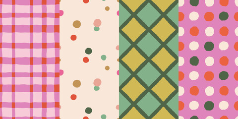 Vector set of seamless patterns – abstract hand-drawn quirky doodles, striped, plaid, and checkered designs – festive, party, and Christmas decorative wrapping paper and textile backgrounds
