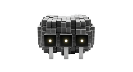 Pixelated creature with three glowing eyes on black background