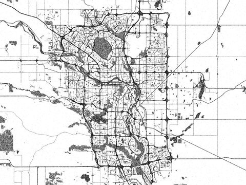 Sketch-style black and white map of Calgary, Alberta, perfect for illustration and wall art.