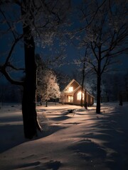 Cozy illuminated cabin nestled in snowy winter forest landscape at twilight with frosted trees and...