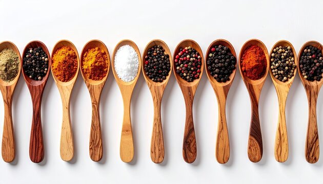 Assorted Spices and Herbs in Wooden Spoons on White Background - Powered by Adobe
