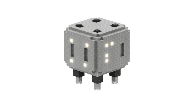 Voxel dice robot with glowing lights and legs