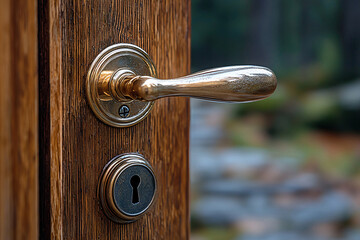 Obraz premium A close-up view of a golden door handle and lock on a wooden door, conveying a sense of security and elegance in design. The natural background adds depth.
