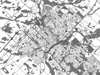 Stylized black and white urban map of Guelph, Ontario, hand-drawn for decor and creative use.