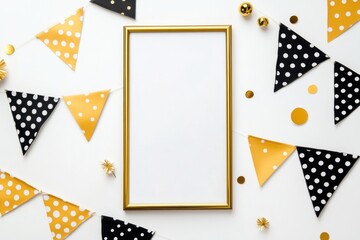 Festive frame mockup decorated with black, white, and yellow triangular bunting flags and golden glitter balls. Bright minimalist background for party design, invitation or celebration concept.