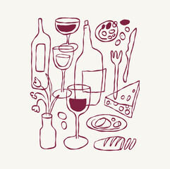 Vector hand drawn quirky doodle illustration, wine party, menu bar cover, party invitation banner