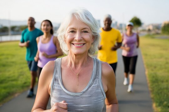 Elderly caucasian female leading group run in park with diverse adults