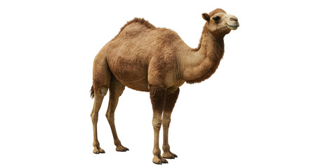 Camel with Large Hump and Light Brown Coat Standing in Isolated White Background