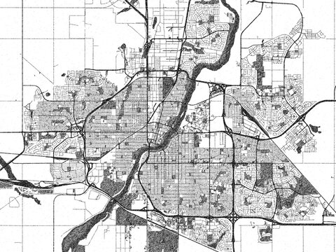 Poster-style sketch map of Saskatoon, Saskatchewan, designed in artistic monochrome.