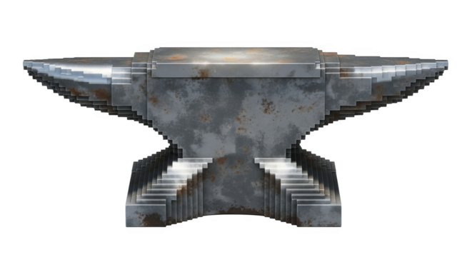 Pixelated anvil with rust on a black background