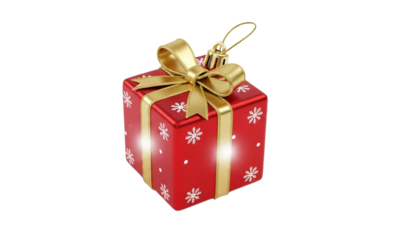 Red christmas gift box with golden ribbon and snowflakes isolated on transparent background, festive ornament