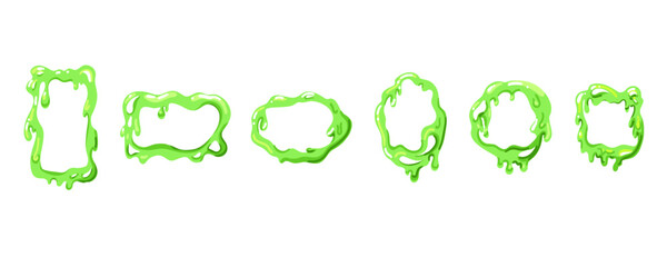 Slime green frame. Different forms border for graphic design. Melting liquid, abstract blob drip, square and round, jelly splash and spot. Decorative background. Vector cartoon isolated set