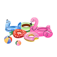 Cartoon inflatable toys. Colorful swimming rings and mattress, rubber water summer pool funny swimming accessories, flamingo, pizza and ball, watermelon and donut, vector flat isolated gradient set