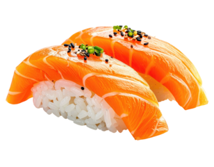 Two pieces of nigiri sushi with vibrant orange salmon atop fluffy rice
