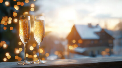 Champagne flutes filled with sparkling beverage, festive atmosphere, winter sunset, cozy cabin in background, holiday celebration