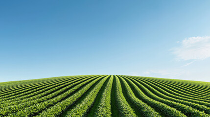 Lush green fields stretch across horizon under clear blue sky, showcasing serene agricultural landscape