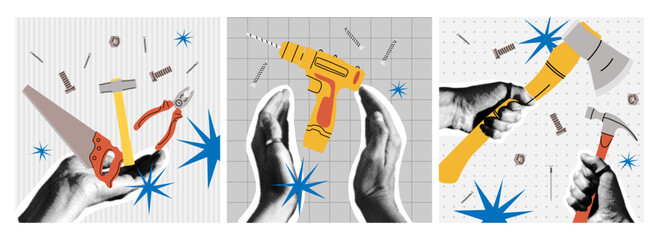 Building repair hand halftone collage. Hammer and saw instrument in arms, renovation industry maintenance equipment, different carpenter tools. House construction, craftsman vector cartoon concept set