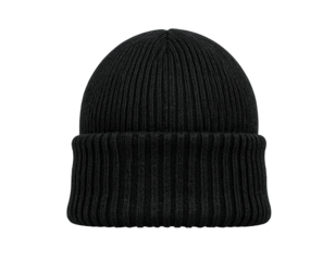A front-facing close-up of a solid black, ribbed knit beanie hat on a black backdrop