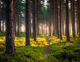Fototapeta premium Sunlight streams through a dense pine forest