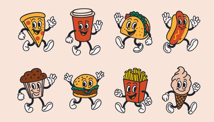 Fast food characters. Vintage mascot. Pizza, funny burger and hot dog. Taco Mexican, sweet muffin and ice cream. French fries snack. Comic elements. Vector cartoon flat style isolated illustration set