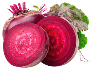 Raw beetroots, one sliced open, with leaves, against a transparent background