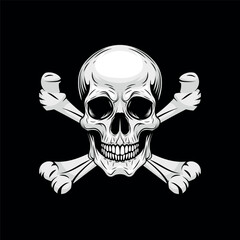 Detailed black and white Jolly Roger illustration of pirates skull and crossbones