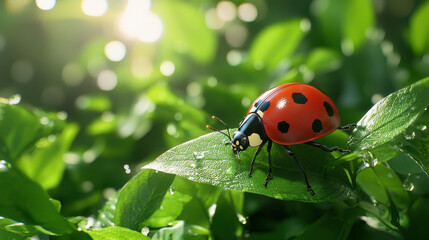 Fototapeta premium Vibrant ladybug resting on green leaf, surrounded by lush foliage and soft sunlight, evokes sense of tranquility and nature beauty