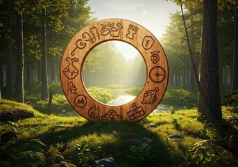 Obraz premium Mystical wooden circle with ancient symbols rests in a sun-drenched forest beside a flowing stream, inviting wonder and exploration.