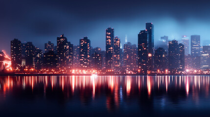 Fototapeta premium Stunning city skyline at night, illuminated by vibrant lights reflecting on water. scene captures essence of urban life and tranquility
