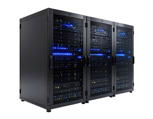 A row of interconnected black server racks with bright blue internal lighting