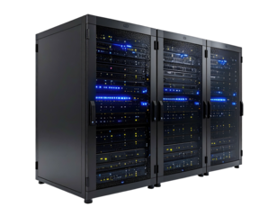 A row of interconnected black server racks with bright blue internal lighting