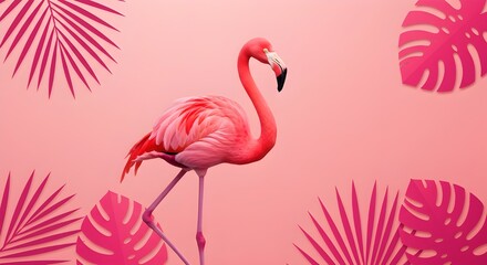 Tropical Flamingo and Palm Leaves on Pink Gradient Graphic Poster

