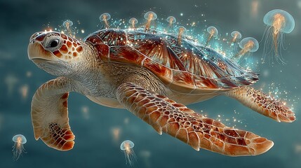 Fototapeta premium Turtle swims surrounded by glowing jellyfish in dreamlike turquoise-blue sea