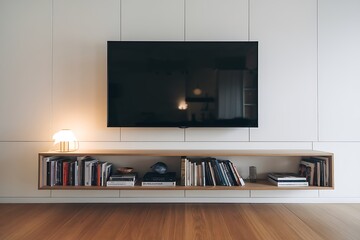Sleek Modern Living Room Featuring a Wall-Mounted Television and Floating Bookshelf Underneath with Reading Lamp