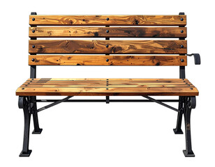 Wooden park bench with dark iron frame, isolated against a black background