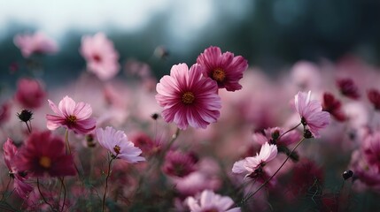 A field of delicate pink cosmos flowers in soft morning light with a gentle bokeh background