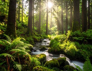 Sunlight streams through a lush forest, illuminating a babbling brook