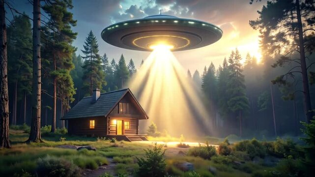 A UFO kidnapping a house in a forest with cinematic lighting and a mysterious mood.