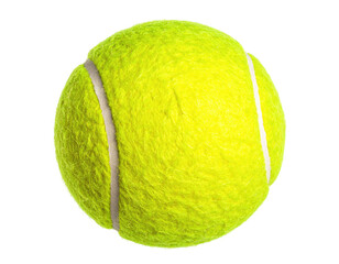 Close-up of a yellow, fuzzy sphere with white seams, isolated on black