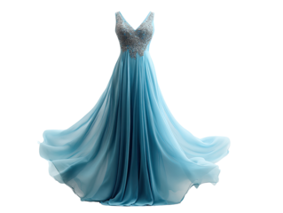 Light-blue flowing gown with v-neck and lace detailing