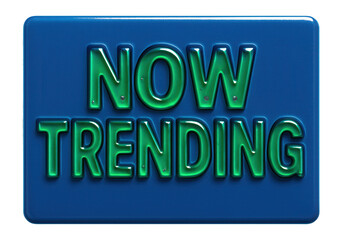 Blue rectangular sticker with NOW TRENDING in bold green letters, dynamic retail promo offer on transparent background.