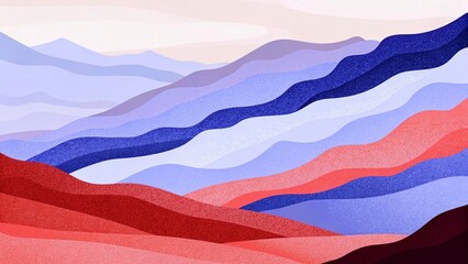 Abstract mountain landscape with red and blue hills and blue sky. Vector illustration.