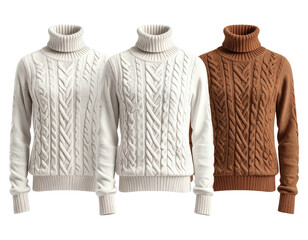 Three cable-knit turtleneck sweaters in white, off-white, and brown against a dark background